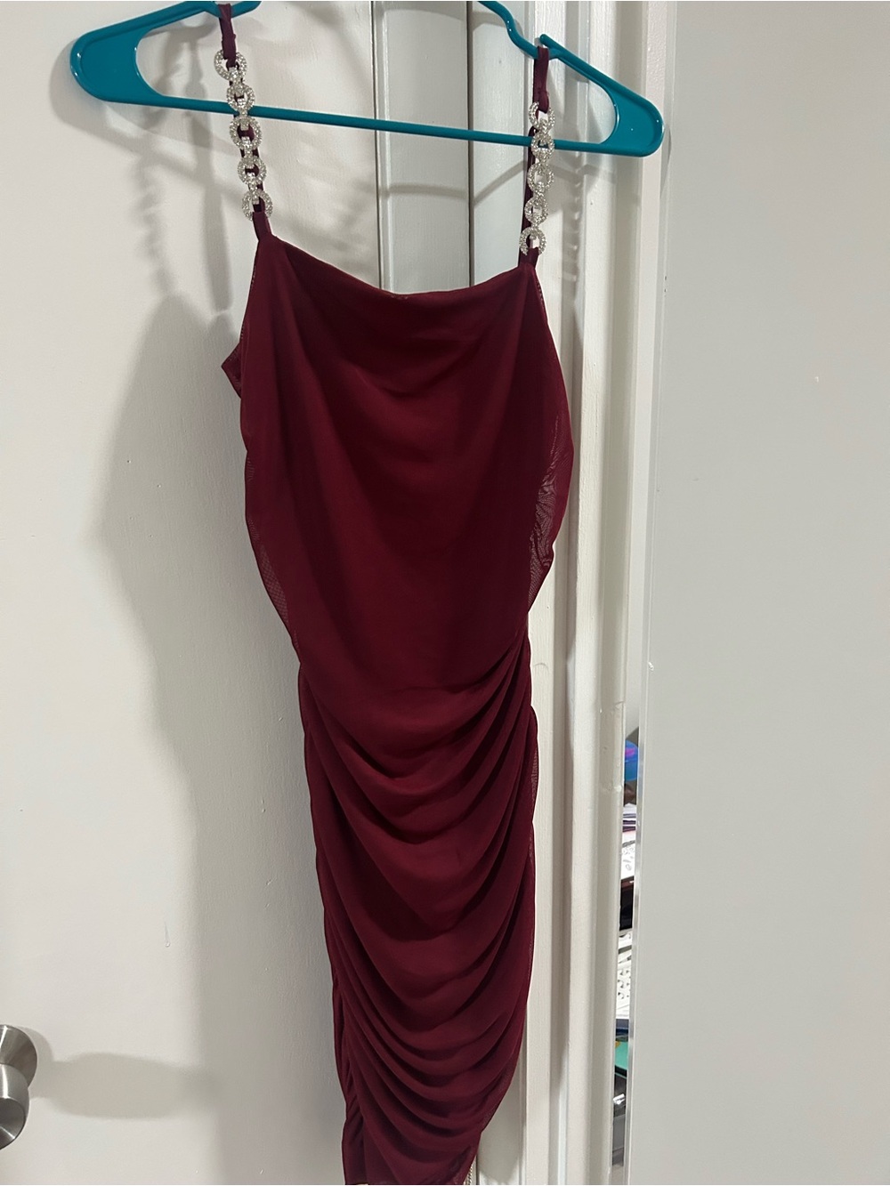 Rhinestone-Strap Ruched Burgundy Dress